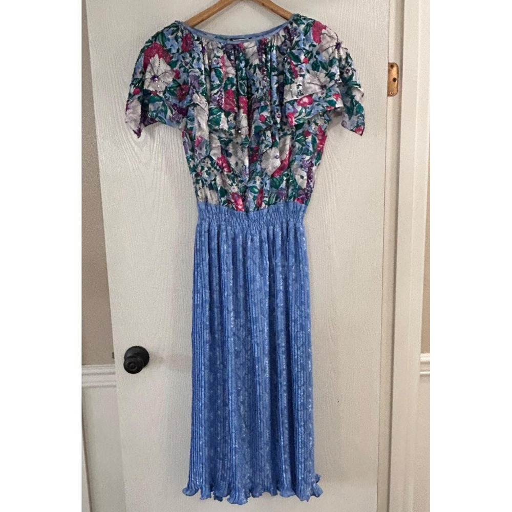 Vintage Diane Freis Georgette Maxi Dress Smocked Waist floral ruffle Beaded